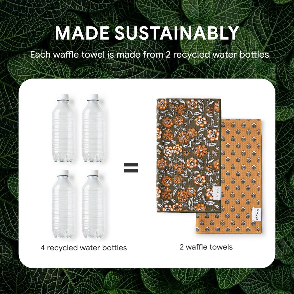 RECYCO Waffle Kitchen Towel Set of 2 - Quick Dry Microfiber Sustainable Dish Towels - Ultra Absorbent Reusable Cleaning Tea Towels - Lightweight Hand Towels,16”x 28”, Amber Flora