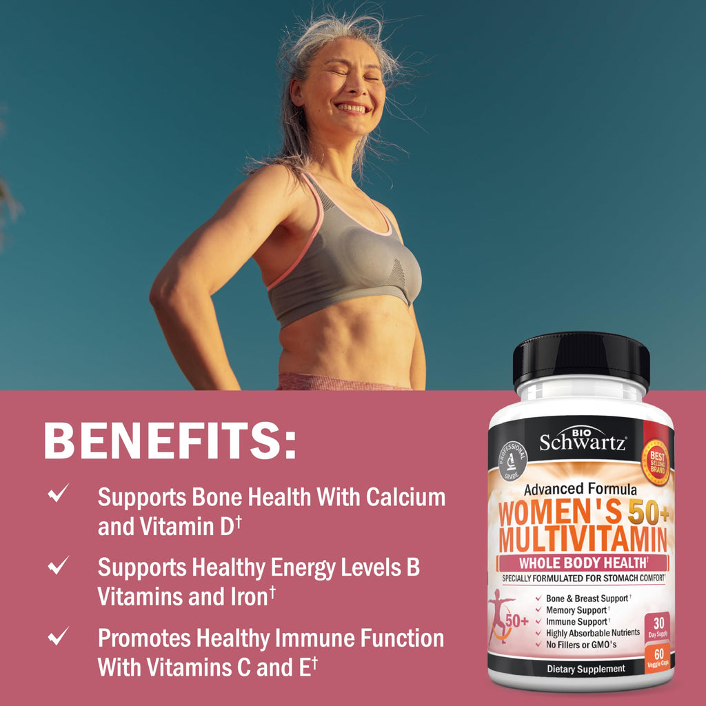 Daily Multivitamin for Women 50 & Over – Memory Support Supplement – Promotes Stress Reduction & Healthy Immune Response – Women's Multivitamin Supplement Designed for Stomach Comfort - 60 Capsules