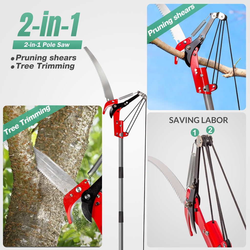 Pole Saw for Tree Trimming, 2-in-1 Tree Pruner with Saw & Pruning Scissors, 10FT Tree Trimmer, Quadruple Pulley System for High Branch Trimming, Yard, Garden & Orchard