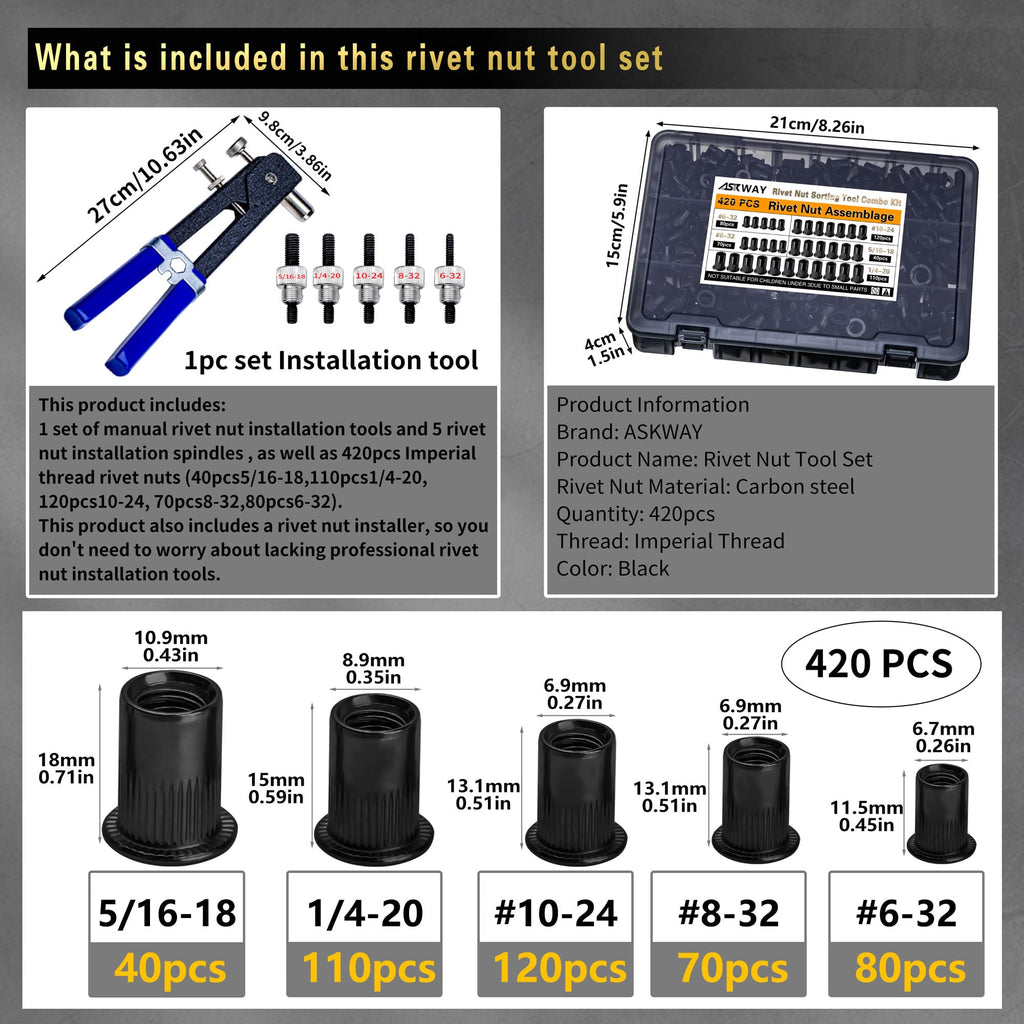 SAE Rivet Nut Tool 420pcs Imperial Carbon Steel Rivet Nut Tool Kit, （5/16-18、1/4-20、10-24、8-32、6-32）, Suitable for Furnitur, Automotive, Marine and Industrial Applications (SAE Carbon Steel Black)