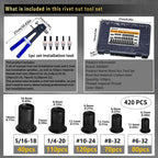 SAE Rivet Nut Tool 420pcs Imperial Carbon Steel Rivet Nut Tool Kit, （5/16-18、1/4-20、10-24、8-32、6-32）, Suitable for Furnitur, Automotive, Marine and Industrial Applications (SAE Carbon Steel Black)
