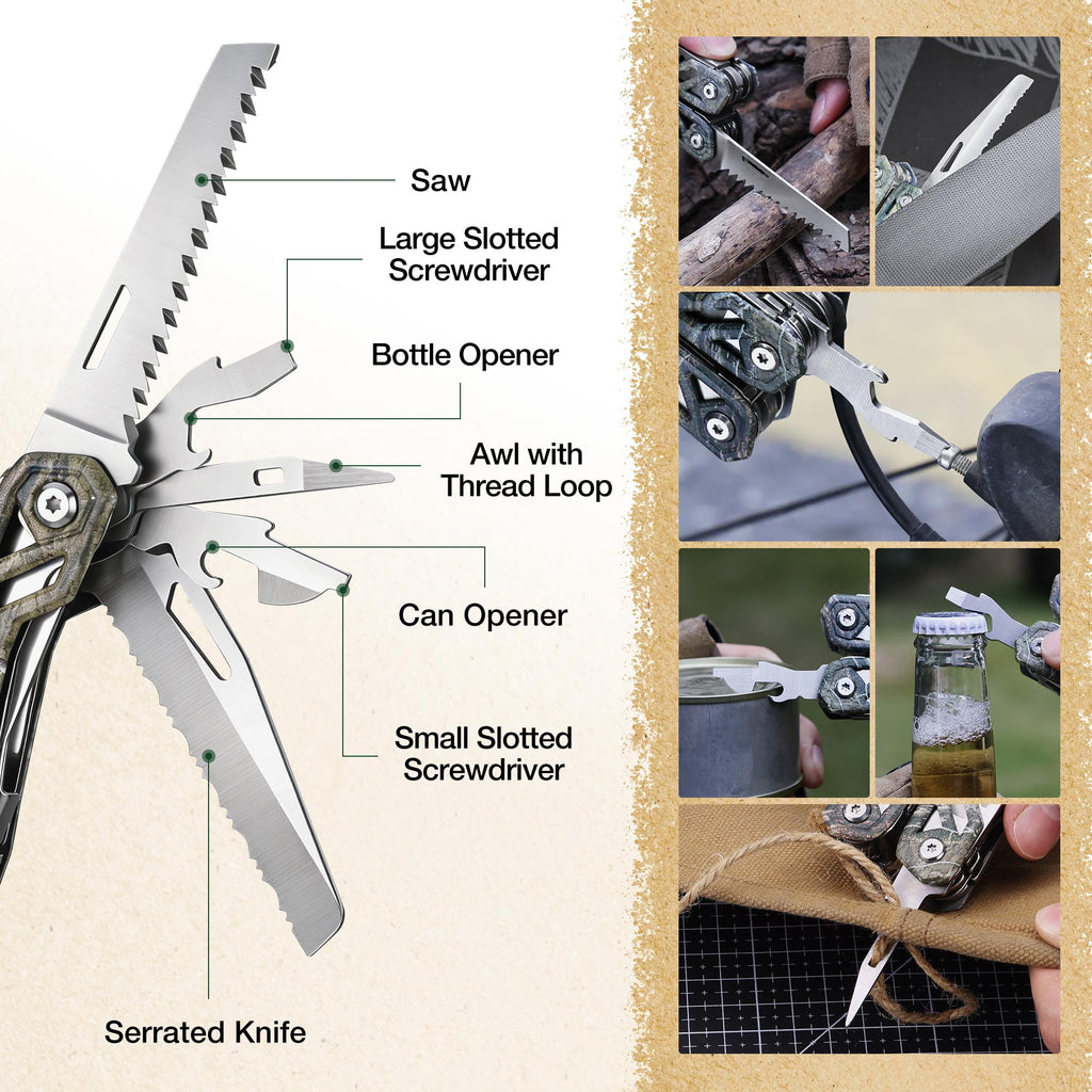 MOSSY OAK Multitool, 22-in-1 Stainless Steel Pliers with Screwdriver Sleeve, Camo Steel Handle, Self-locking Knife with Sheath-Perfect for Outdoor, Survival, Camping, Hiking, Simple Repair