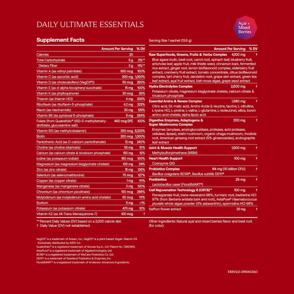 IM8 Daily Ultimate Essentials All-in-One Multivitamin Supplement, 92 Nutrient Rich Ingredients CoQ10, Probiotics, Vitamins, Greens, Gluten Free, Vegan (90 Packets, Acai and Mixed Berries)