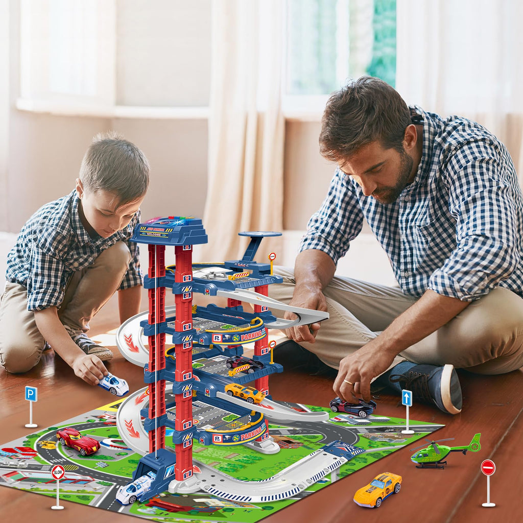 DUYOYU City Ultimate Garage Track Set with Electric Elevator, Upgrade 5 Levels Toy Car Garage with 5 Die-Cast Toy Cars & 1 Helicopter