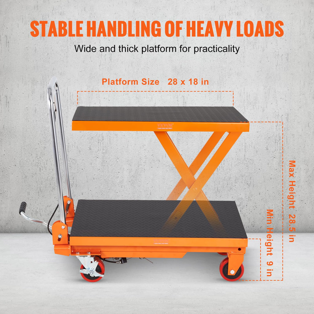 VEVOR TF15 Hydraulic Lift Table Cart, 330lbs Capacity 28.5" with 4 Wheels and Non-Slip Pad, for Material Handling and Transportation, Orange
