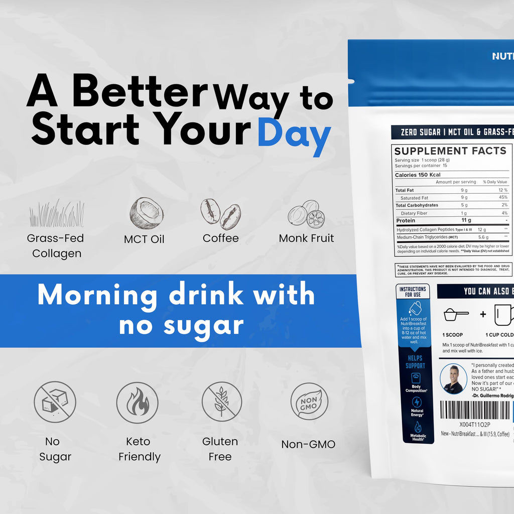 NutriBreakfast by Nutrillermo/Keto Protein Collagen Powder with MCT Oil/MCT Oil Powder/Keto Collagen Peptides with Grass-Fed Bovine Collagen Type I & III (15.9, Coffee)