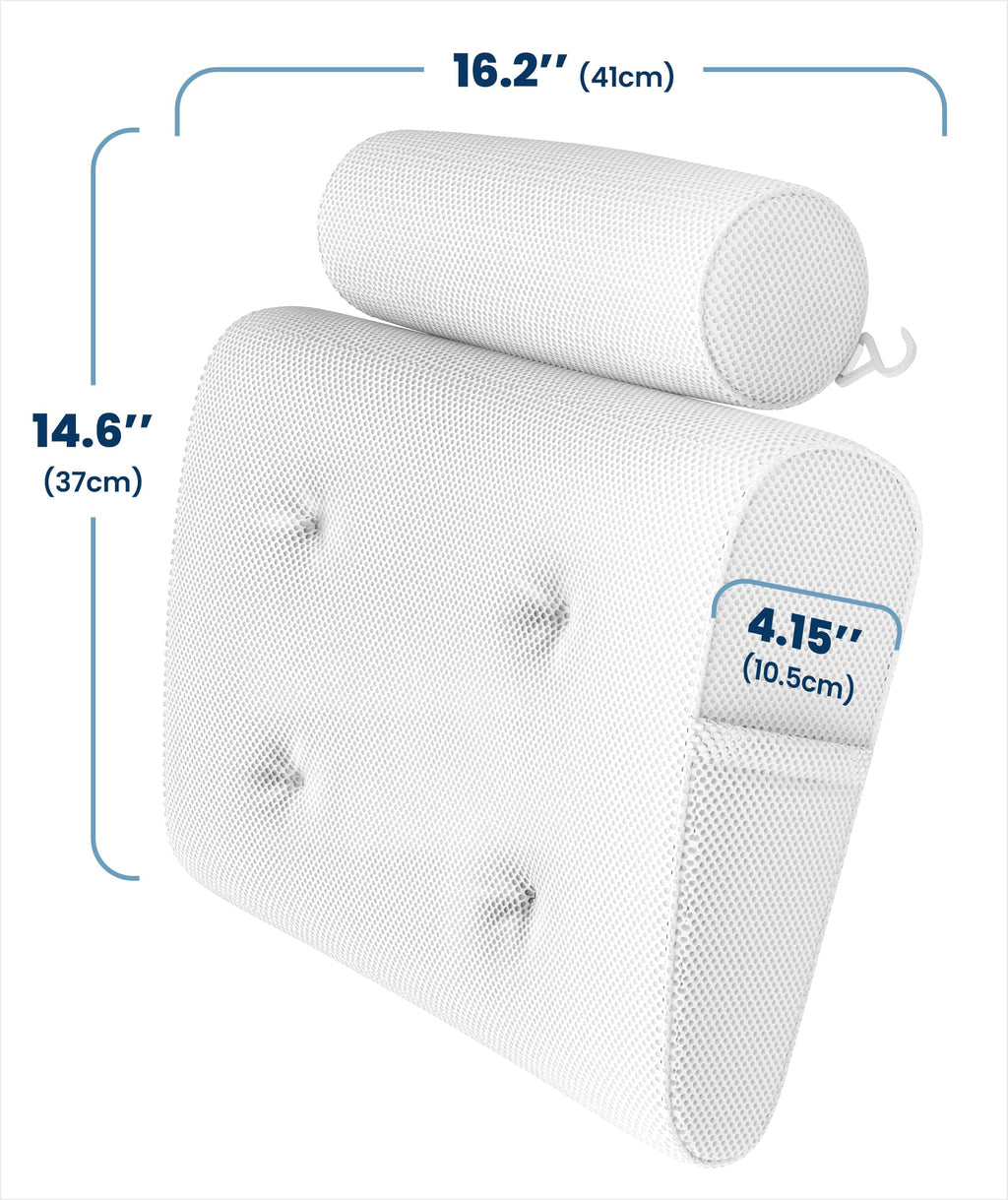 Everlasting Comfort Luxury Bath Pillows for Tub with Head and Neck Support - Non-Slip Bathtub Pillow with Suction Cups, Quick-Drying Mesh & Drying Hook - Jacuzzi & Spa Accessories for Women - White