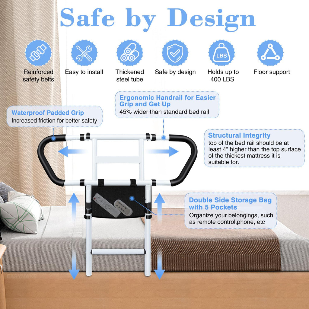Bed Rails for Elderly Adults Safety: Adjustable Bedside Assist Rails with Storage Pockets, Non-Slip Handles, Items for Elderly Bed Rail, 400LB Gravity Capacity