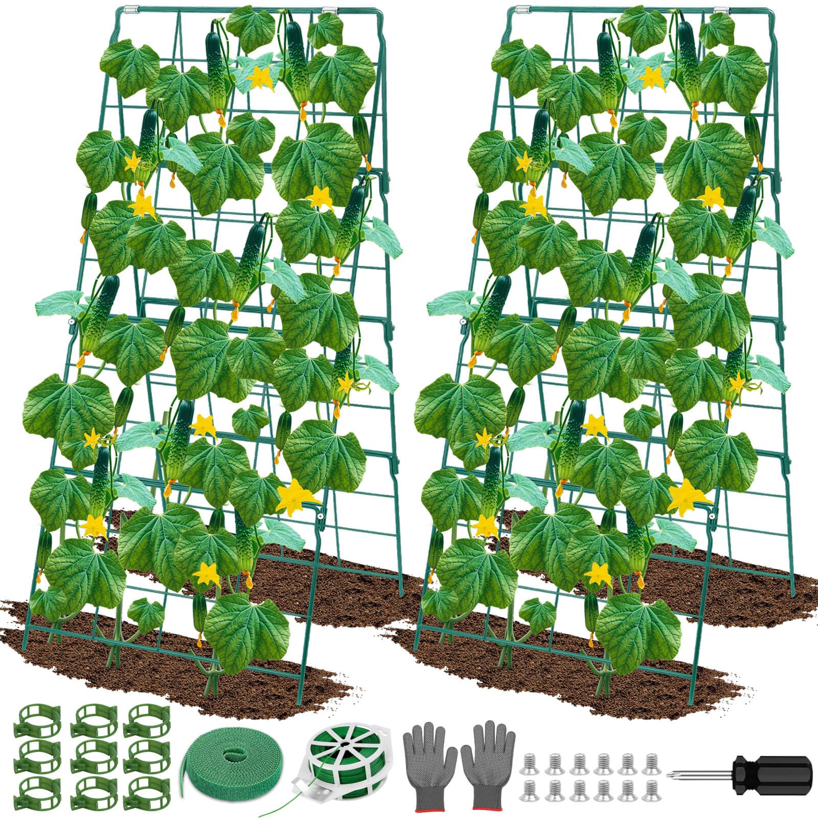 ROADPLUM 2 Pack Cucumber Trellis for Raised Garden Bed, Outdoor Sturdy Metal A-Frame Cucumber Trellis Support for Climbing Plants Vegetables with Accessories, Easy Installation & Easy Harvesting