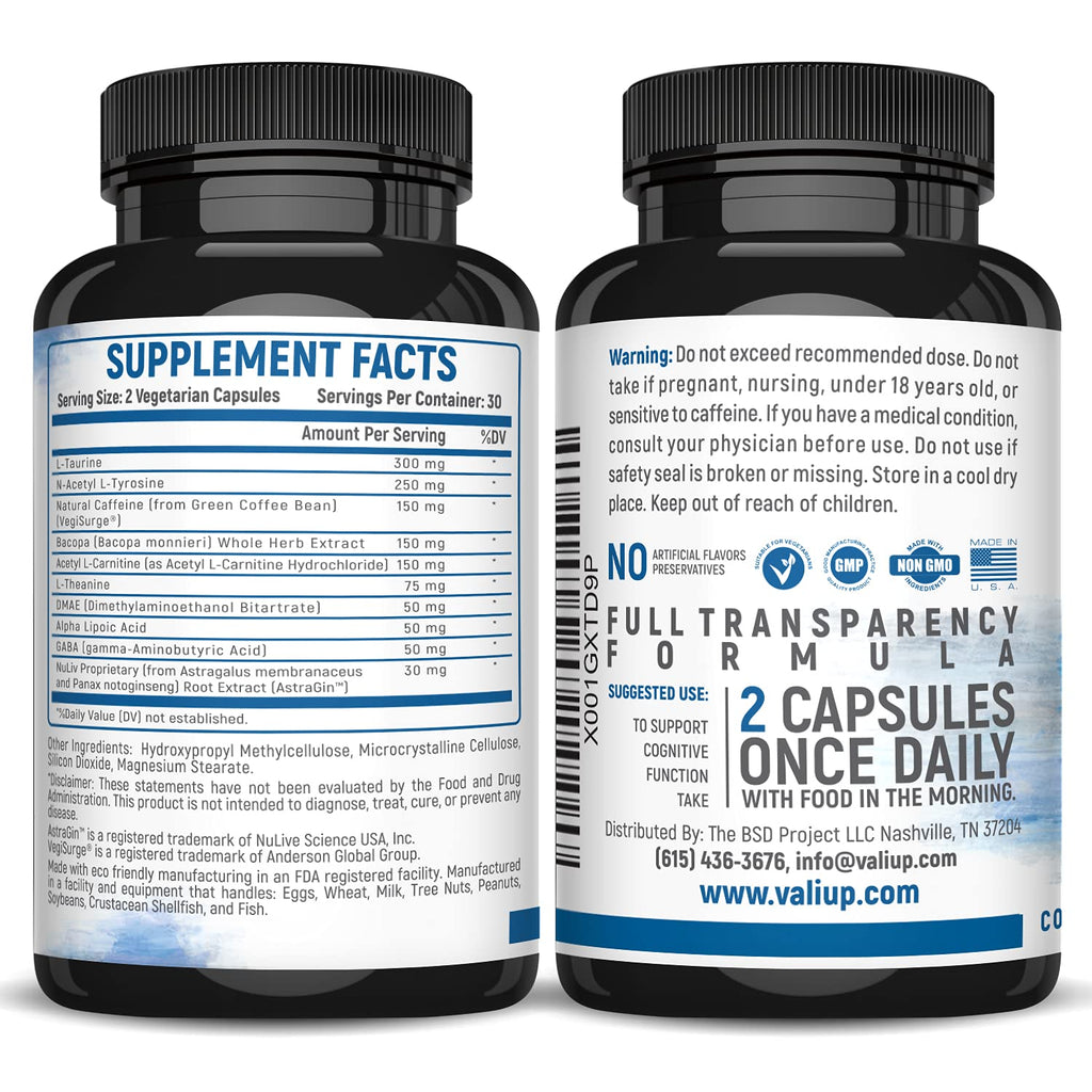 VALI Neuro Force Brain Booster Supplement for Focus, Memory, Clarity & Energy. Extra Strength Nootropic Cognitive Function Support for Mental Performance. with Natural Caffeine. 60 Veggie Capsules