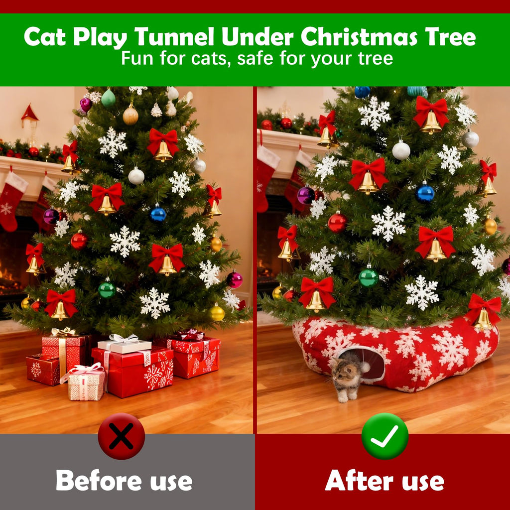 LoopTime Cat Tunnel Christmas Tree Skirt,Christmas Tree Cat Tunnel for Indoor Cats,Cat Tunnels Tree Skirt,Soft Peekaboo Hideway Bed Cave Donut Toys Circle Tunnels for Kittens & Large Cats (Red)
