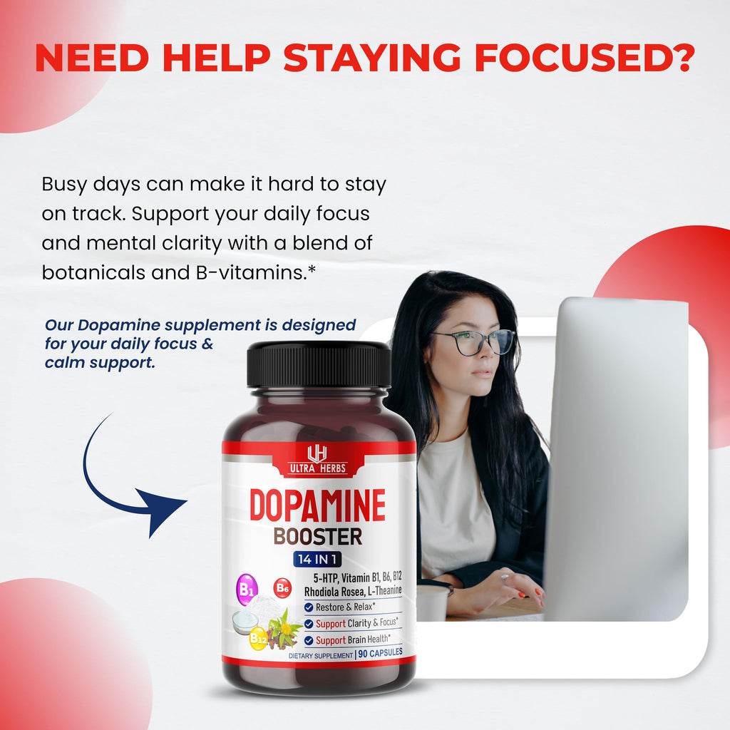 Dopamine Focus Supplement Ashwagandha 5-HTP Rhodiola Rosea St. John's Wort - Increase Memory Clarity Focus Restore Relax with VIT B1, B6, B12, L-Theanine
