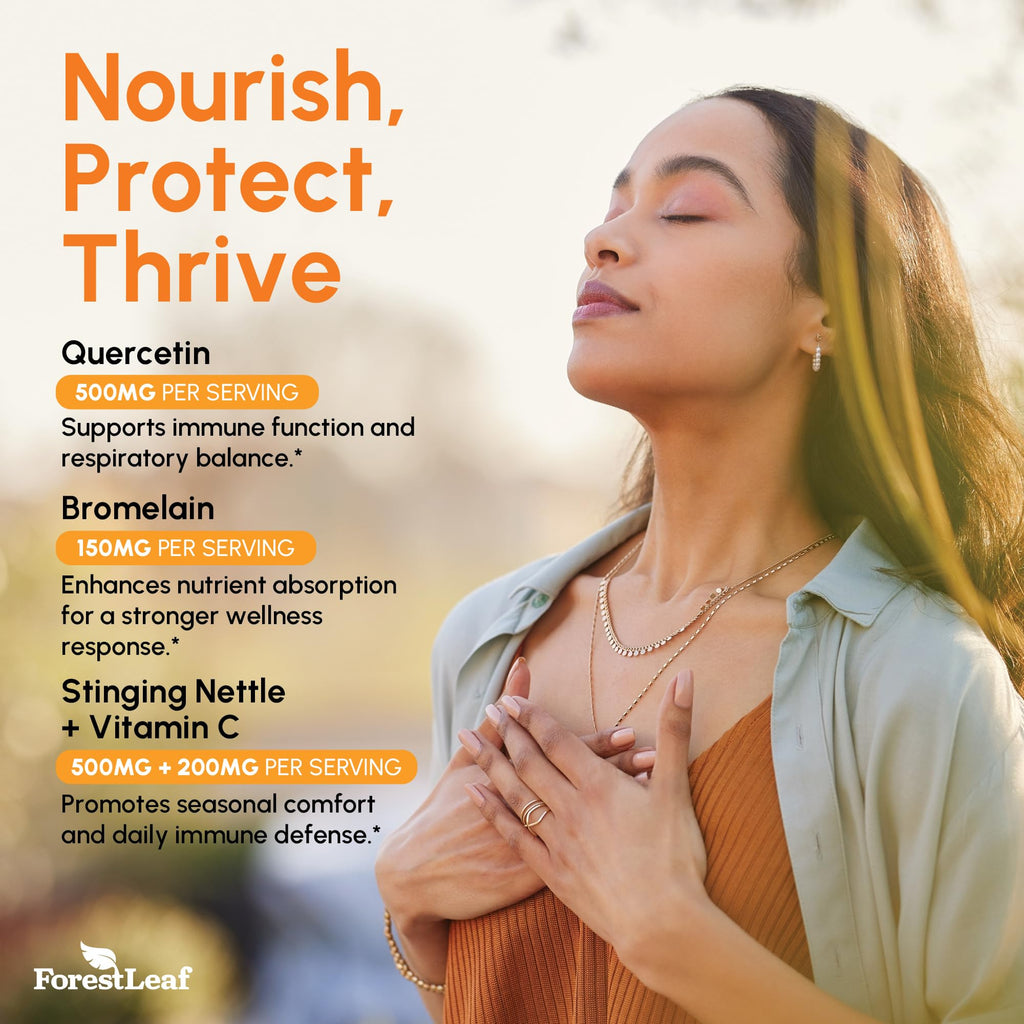 ForestLeaf Quercetin with Bromelain 1350mg - Blend with Vitamin C & Stinging Nettle Supplement, Quercetin 500mg Capsules, Non-GMO Gluten Free, Natural Function, 90 Veggie Caps