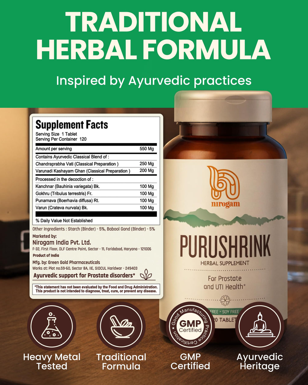 Nirogam Purushrink - BPH Prostate Supplement for Men, Supports Better Sleep & Urinary Health - Natural Ayurvedic Herbal Supplement 120 Tablets - Vegan, Dairy Free, Gluten Free
