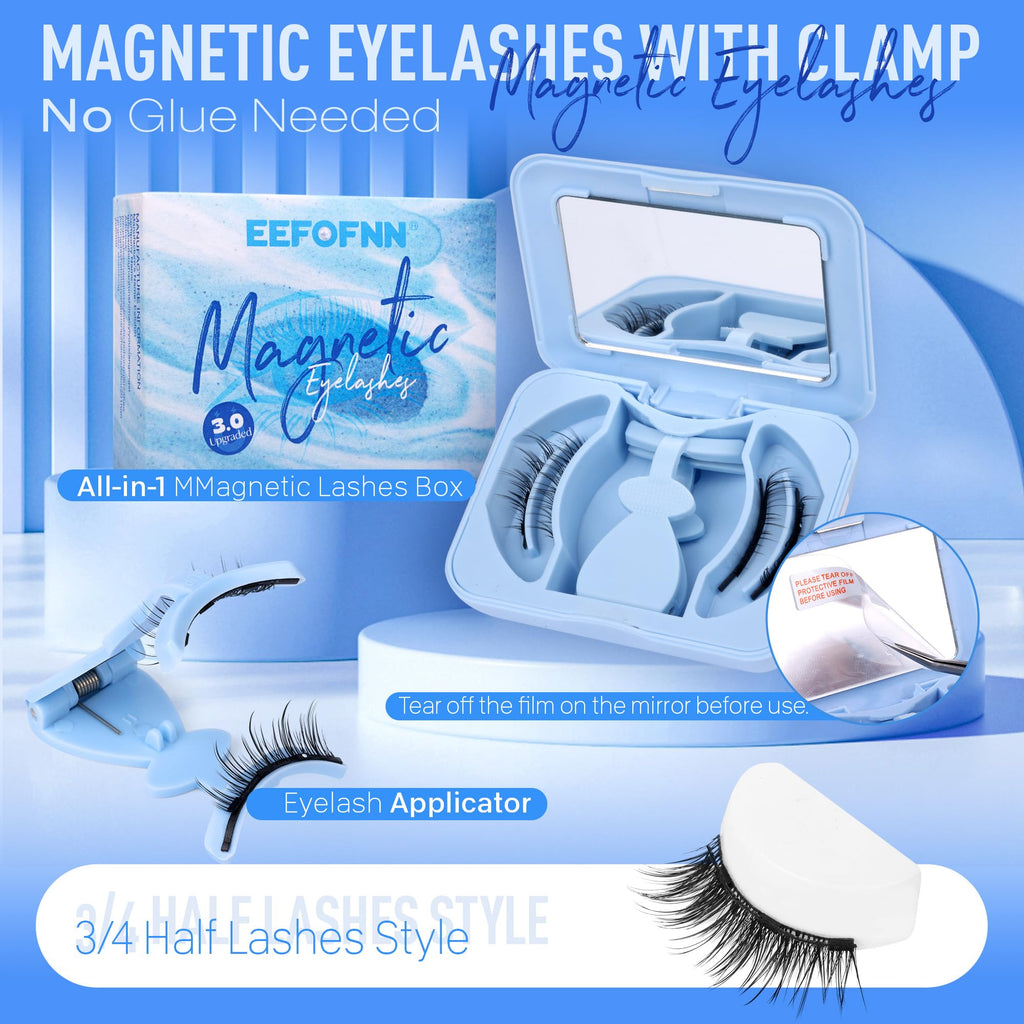 Magnetic Eyelashes Half Lashes Magnetic Eyelashes with Applicator Cat Eye Lashes Natural Look No Glue Needed False Eyelashes Wispy Magnet Lashes with Clamp by Eefofnn