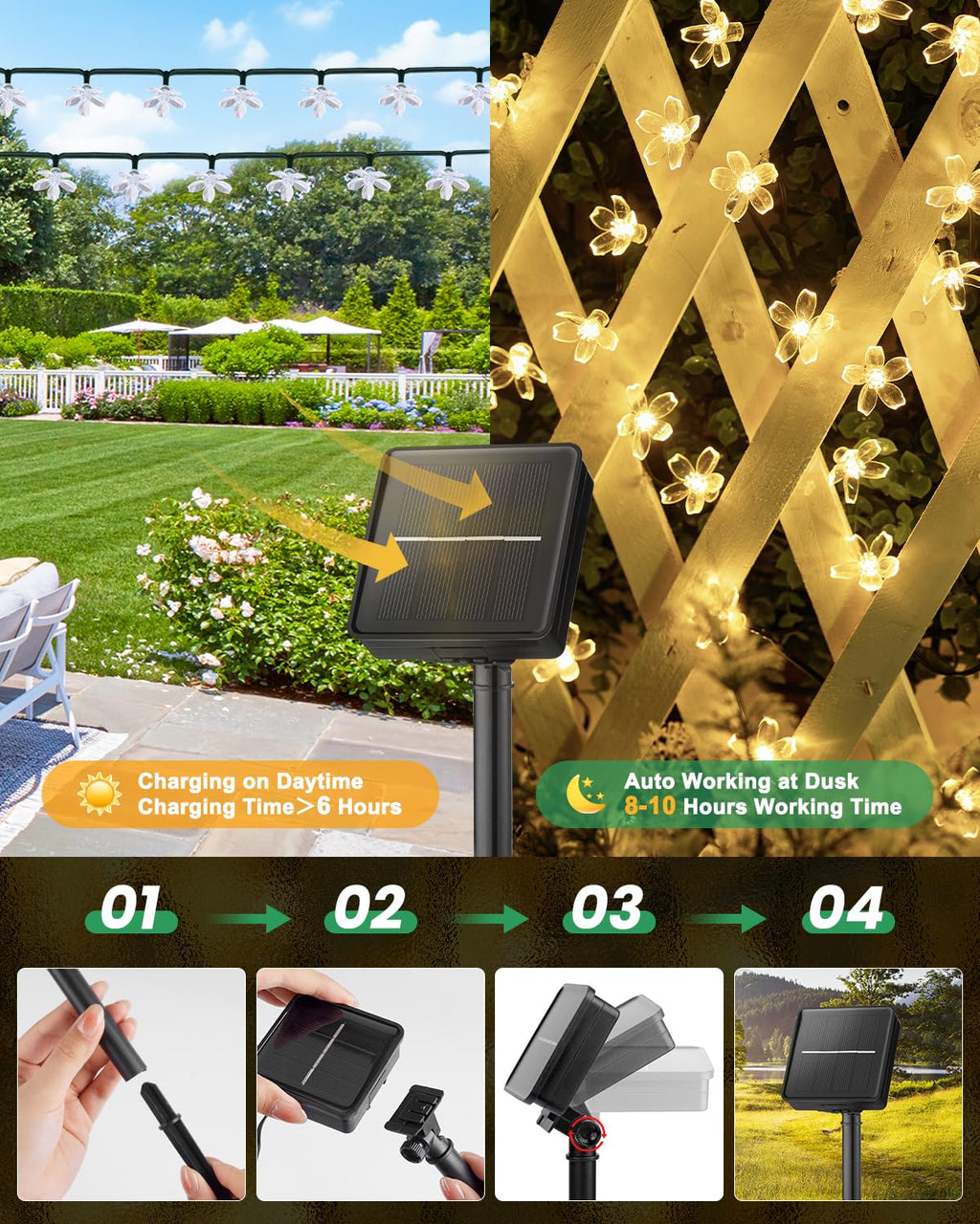Brightown 2 Pack Total 52FT 120 LED Solar String Lights Flower Outdoor Waterproof Fairy Lights for Garden Yard Fence Patio Christmas Tree Wedding Party Decor, Warm White