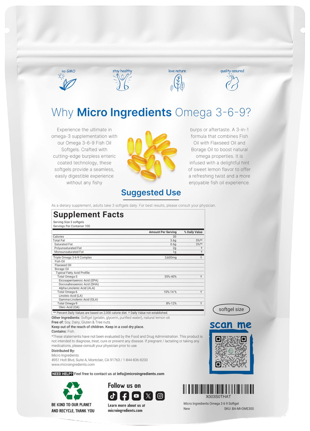 Ultra Omega 3-6-9 3600mg Per Serving, 300 Burpless Softgels | Lemon Flavor – Blend of Fish, Flaxseed, Borage Oils | Bioavailable Source, Non-GMO, No Gluten, Mercury Free