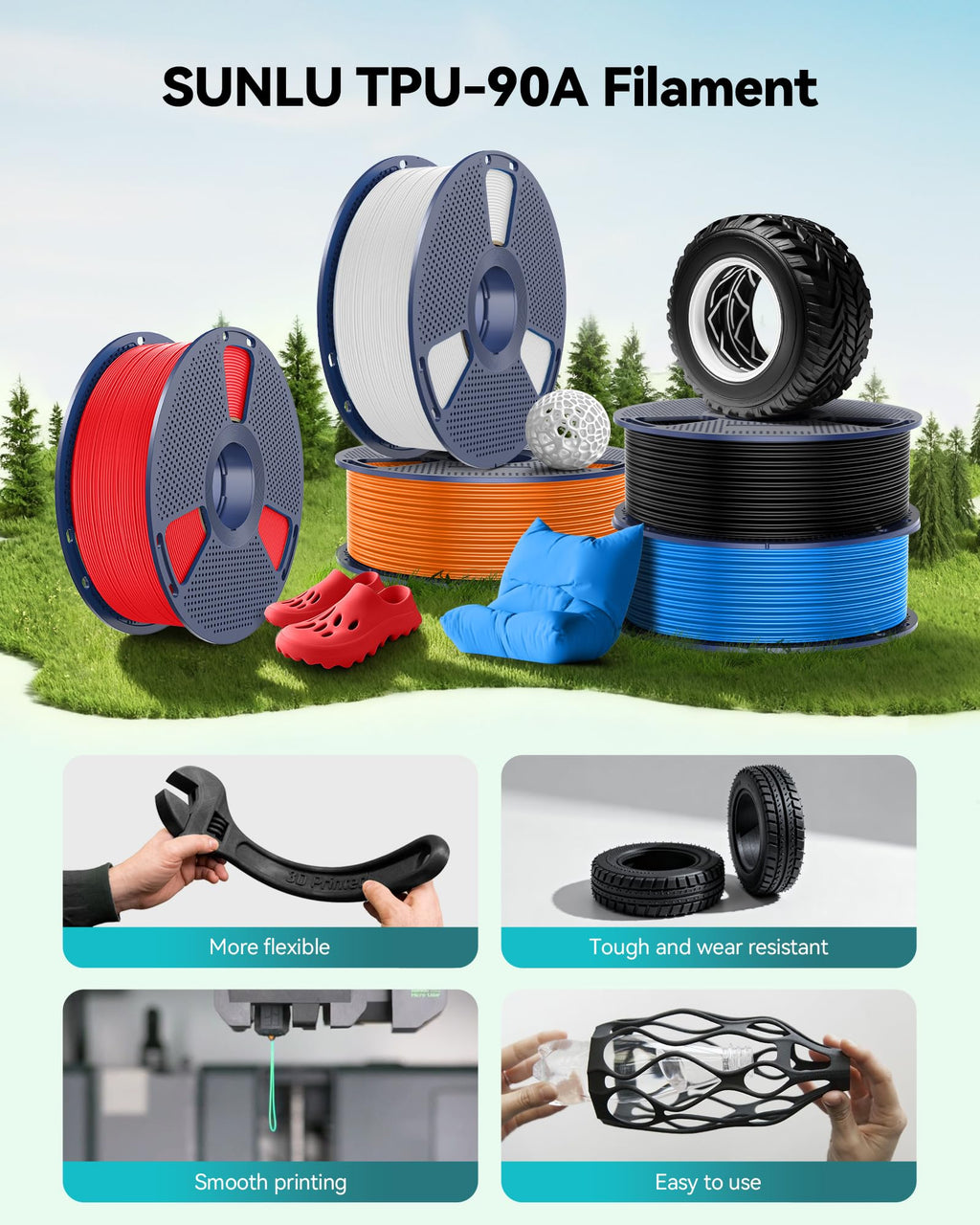 SUNLU TPU Filament 1.75mm,(4kg,4 Black,90a TPU)