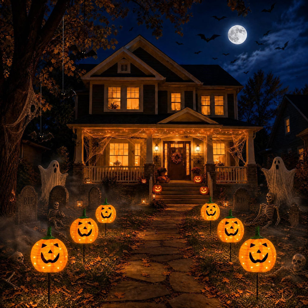 Solar Halloween Pumpkin Lights, 2 Pack Outdoor Pathway Stake Lights