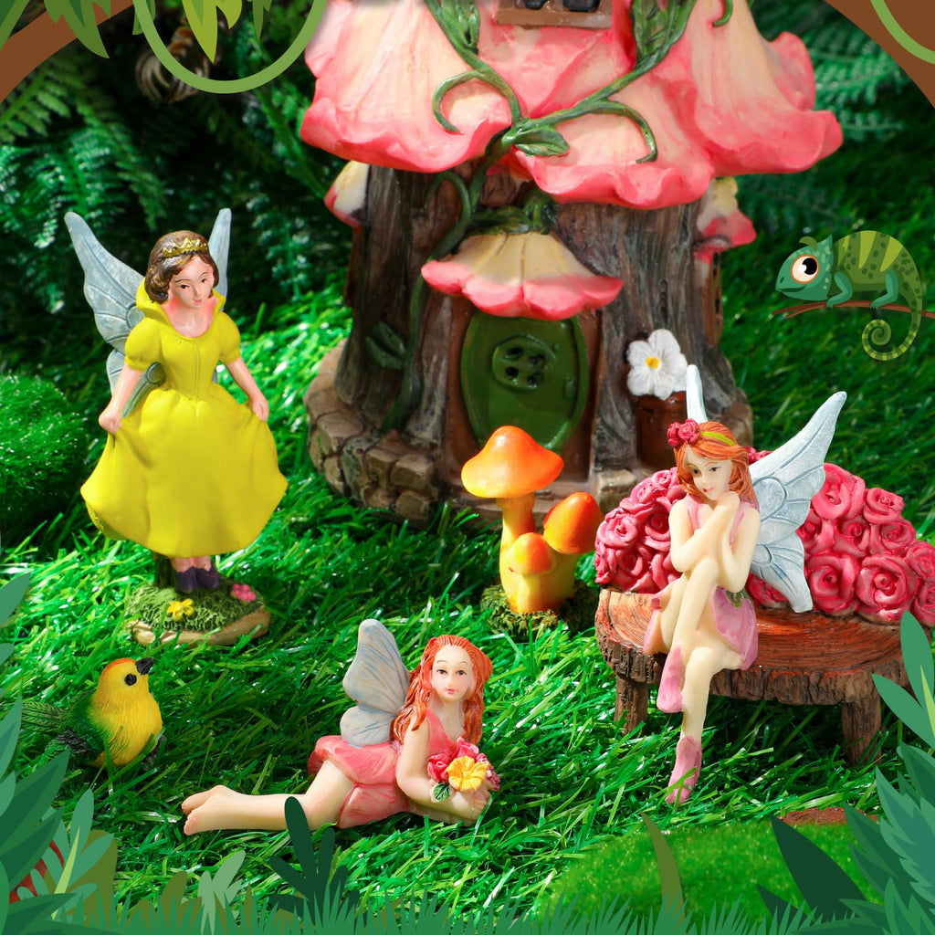 Soaoo Fairy House Garden Figurines Kit Summer Garden Decor Elves Decoration Outdoor Ornaments Animals Butterfly Fairy Mushroom Party Supplies DIY Micro Landscape Dollhouse