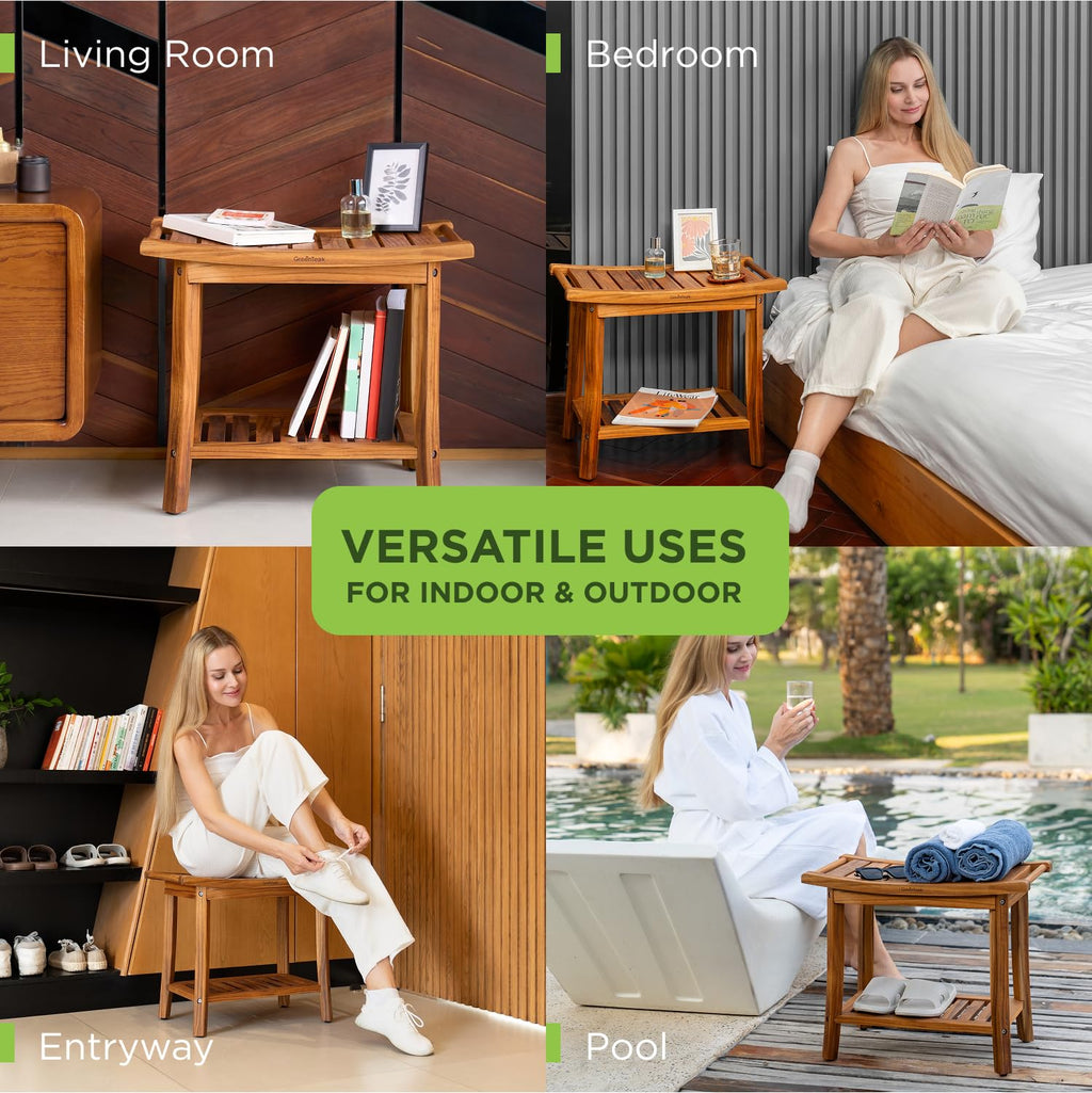 GREENTEAK Shower Bench, Waterproof Teak Shower Stool, Non-Slip Wooden Stool for Bathroom, Teak Wood Shower Seat Chair for Shower Storage Shelf, 300 Lbs Capacity, Provides Safety (22'' 2-Tier)
