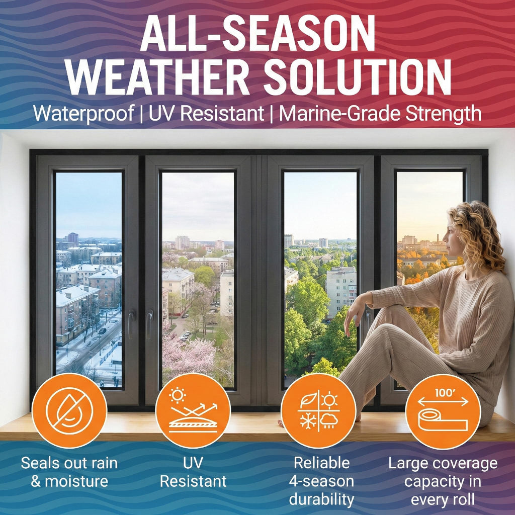 Window Sealing Tape Black 2-Pack, 2 Inch x 100 FT Per Roll, Weather Seal for Windows, Doors and AC Units, Waterproof UV Resistant, Damage-Free Removal - Better Boat
