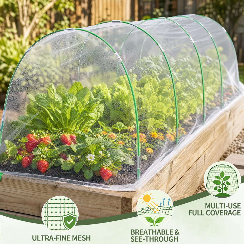 10×20 FT Ultra Fine Garden Mesh Netting with 36PCS Fiberglass Hoops, Reusable Raised Garden Bed Cover for Vegetables Fruits, Outdoor Garden Netting Kits for Greenhouse