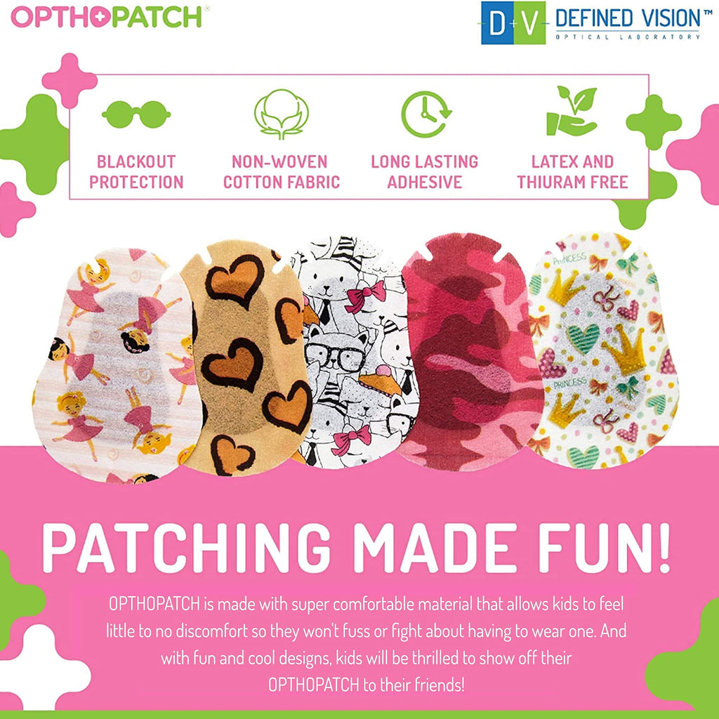 Opthopatch Kids Eye Patches - Fun Girls Design [Series I] - 60 + 10 Bonus Latex Free Hypoallergenic Cotton Adhesive Bandages for Amblyopia and Cross Eye - 3 Reward Chart Posters by Defined Vision
