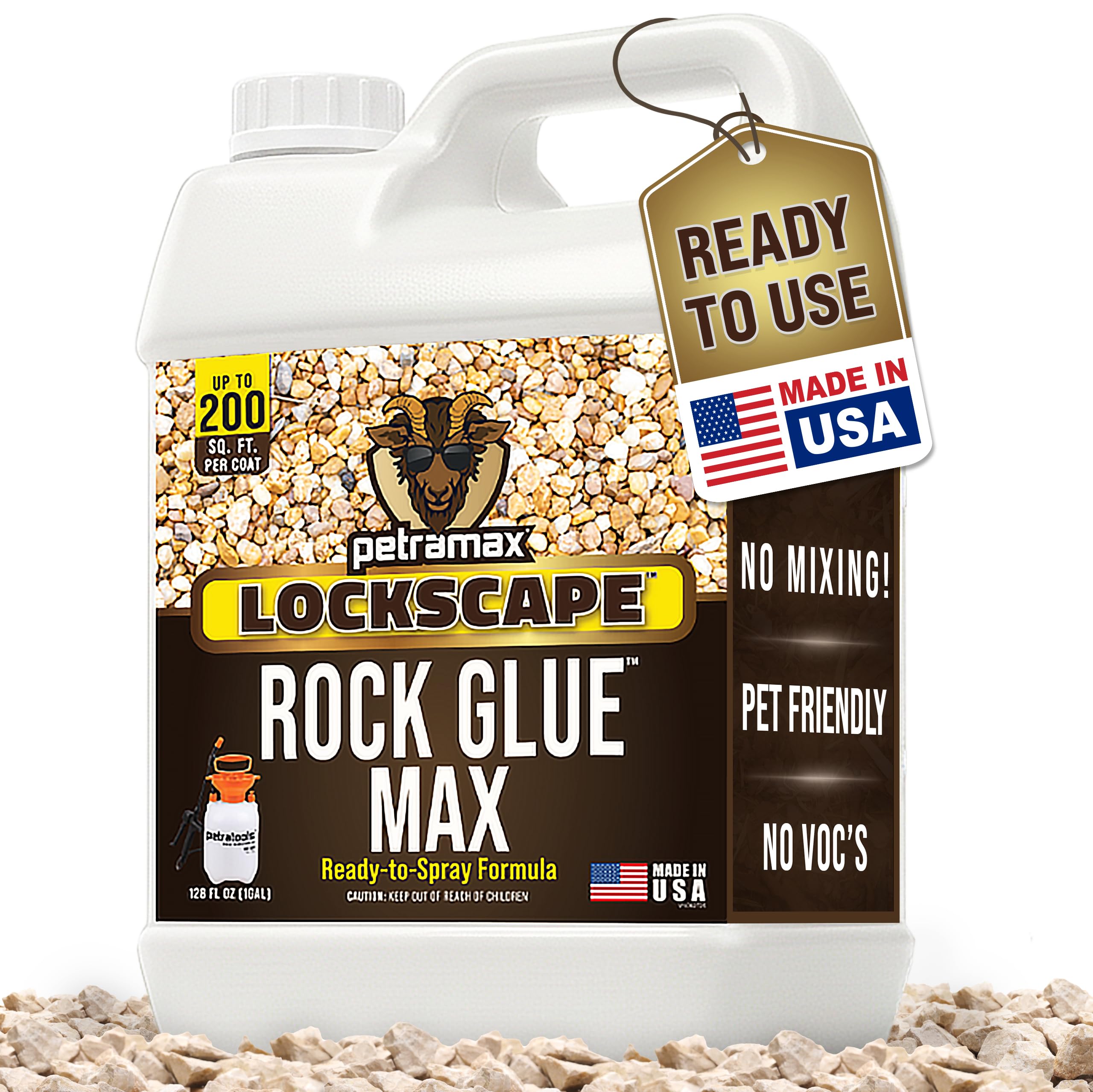 PetraMax Lockscape Rock Glue for Landscaping, 1 Gal (Made in USA) - 100% Permeable & Pet-Safe Landscape Adhesives for Stones & Pebbles - Ready to Spray Pea Gravel Binder & Mulch Glue for Landscaping