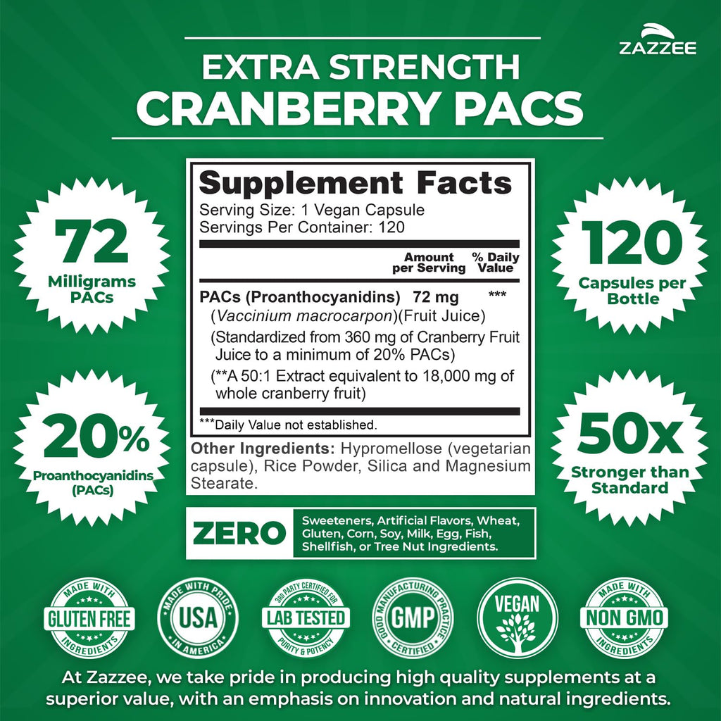 Zazzee Cranberry PACs, 72 mg PACs per Capsule, 2X Strength, 100% Soluble, 120 Vegan Capsules, 50:1 Extract, 18,200 mg Strength, Fast-Acting, Effective Urinary Tract Support, Made in The USA