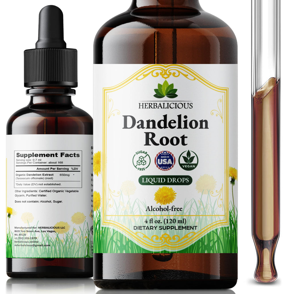 HERBALICIOUS Dandelion Root Extract Liquid Drops 4 oz (Alcohol Free) – Organic Dandelion Root Extract 650mg per Serving, Easy-to-Use Liquid Tincture with Vegetable Glycerin, 168 Servings
