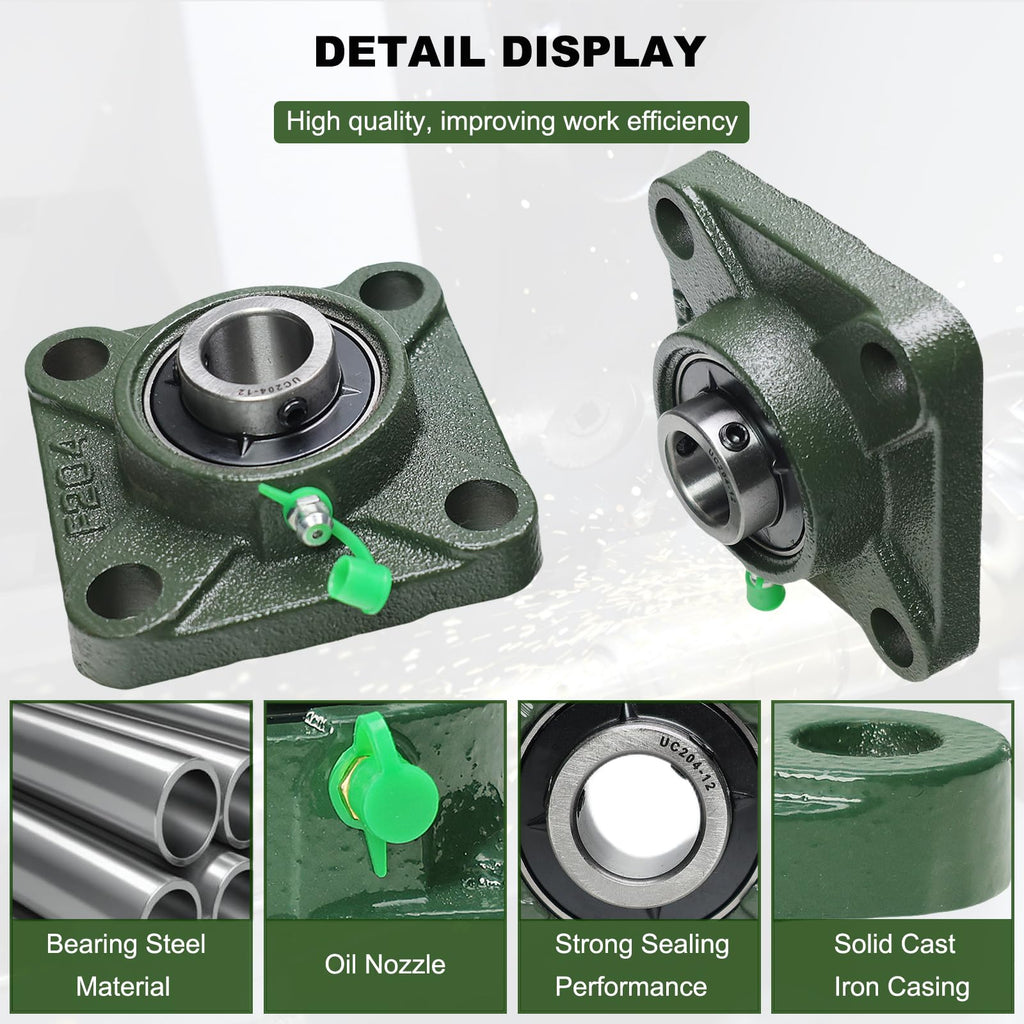 2 Pack UCF204-12 Pillow Block Bearing - Square Flange 4 Bolt Bearing - Bearing Steel with 3/4 inch Bore - Self Alignment