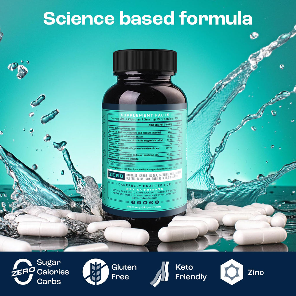 KEY NUTRIENTS Electrolyte Tablets, 200 Capsules, Salt for Dehydration, Fasting Electrolytes- Salt Pills with Electrolytes, No Sugar, Gluten Free Hydration Tablets Made in USA