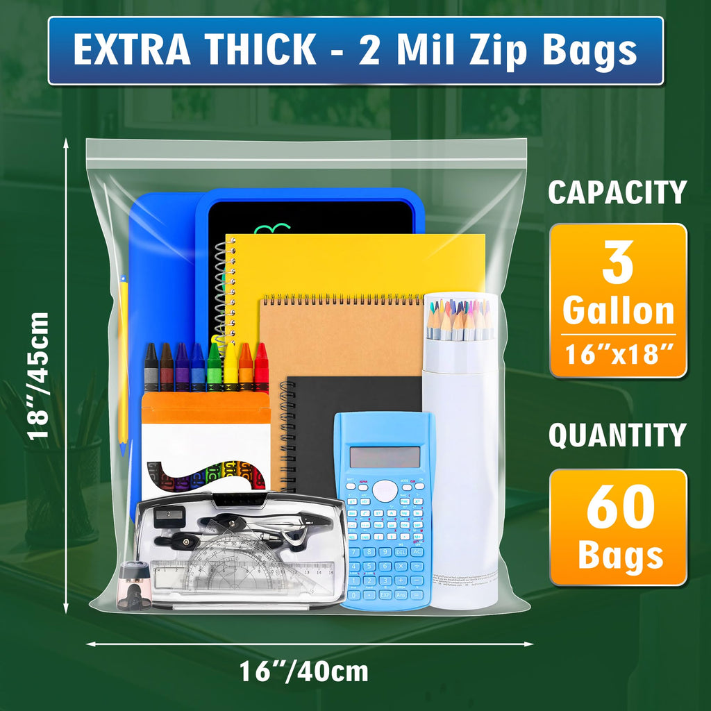 Large 3 Gallon Zippered Plastic Bags for Storage- 16'' x 18'', Ideal for Clothes Clothing, Travel, Moving, 2-mil Thick Clear Plastic, 60 pack