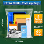 Large 3 Gallon Zippered Plastic Bags for Storage- 16'' x 18'', Ideal for Clothes Clothing, Travel, Moving, 2-mil Thick Clear Plastic, 60 pack