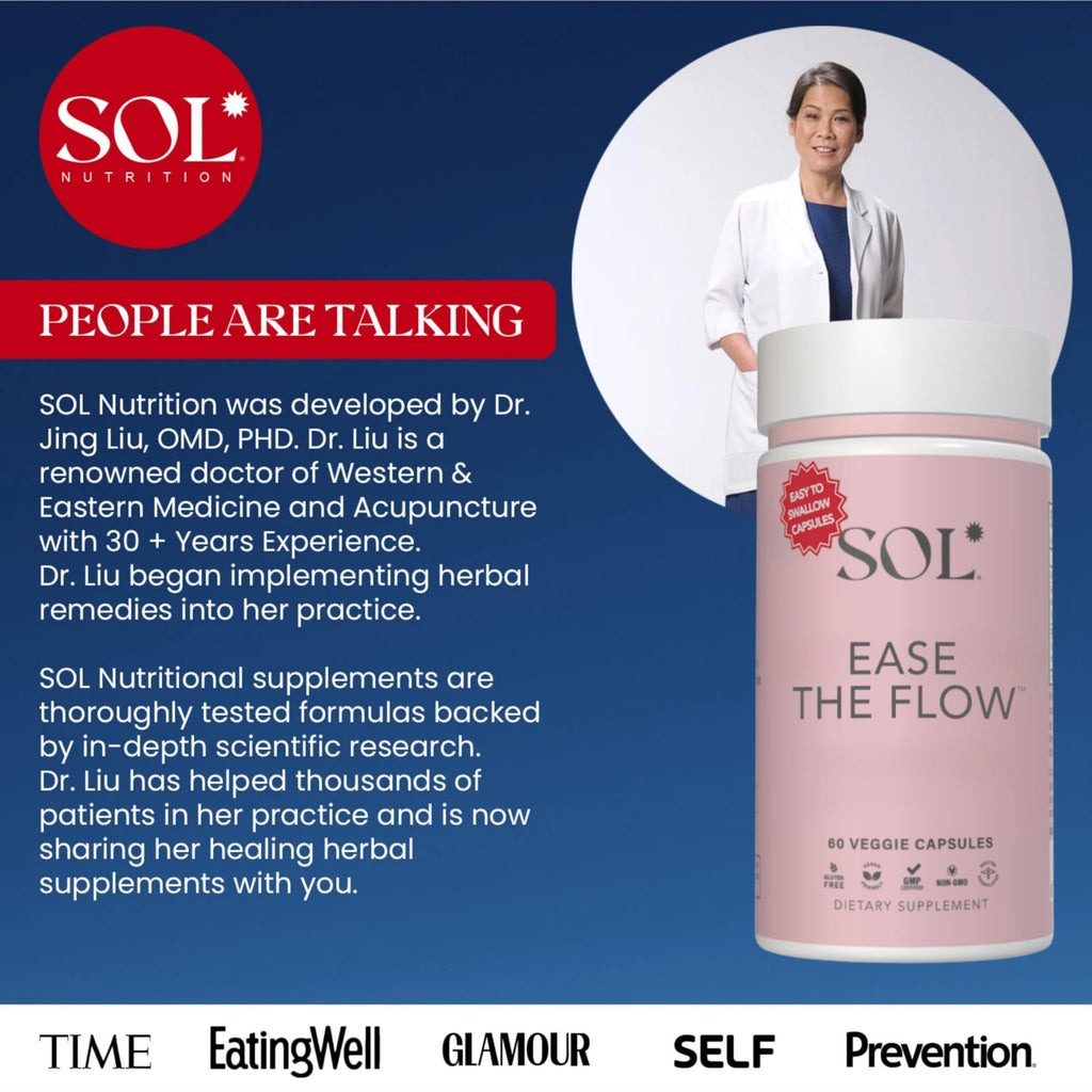 Sol Nutrition Ease the Flow - PMS Support, Menstrual Relief, PMDD Supplements, Period Relief Products, Eases Bloating & Mood Swings, Vitamins B6 & B8, 60 Easy-to-Swallow Capsules