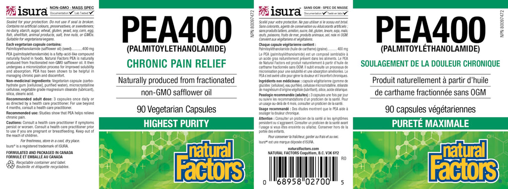 Natural Factors PEA400 - Pure Palmitoylethanolamide for Relief - Supports Nervous System & Occasional Discomfort - Non-GMO - 90 Capsules (90 Servings)