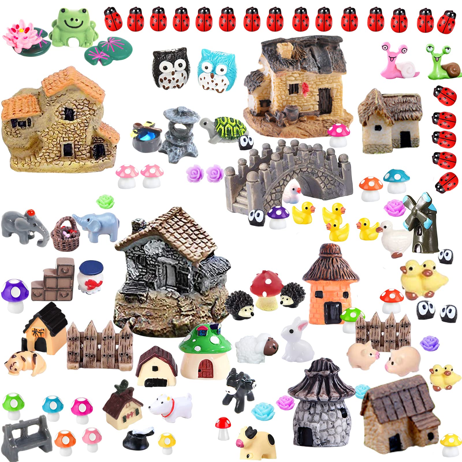 Homlone 105 Miniature Fairy Garden Accessories, Fairy Garden Kit, Fairy Garden Animals, Miniature Figurines, Micro Landscape Ornaments Kit, Garden DIY Kit for Dollhouse Decoration Plant House Decor