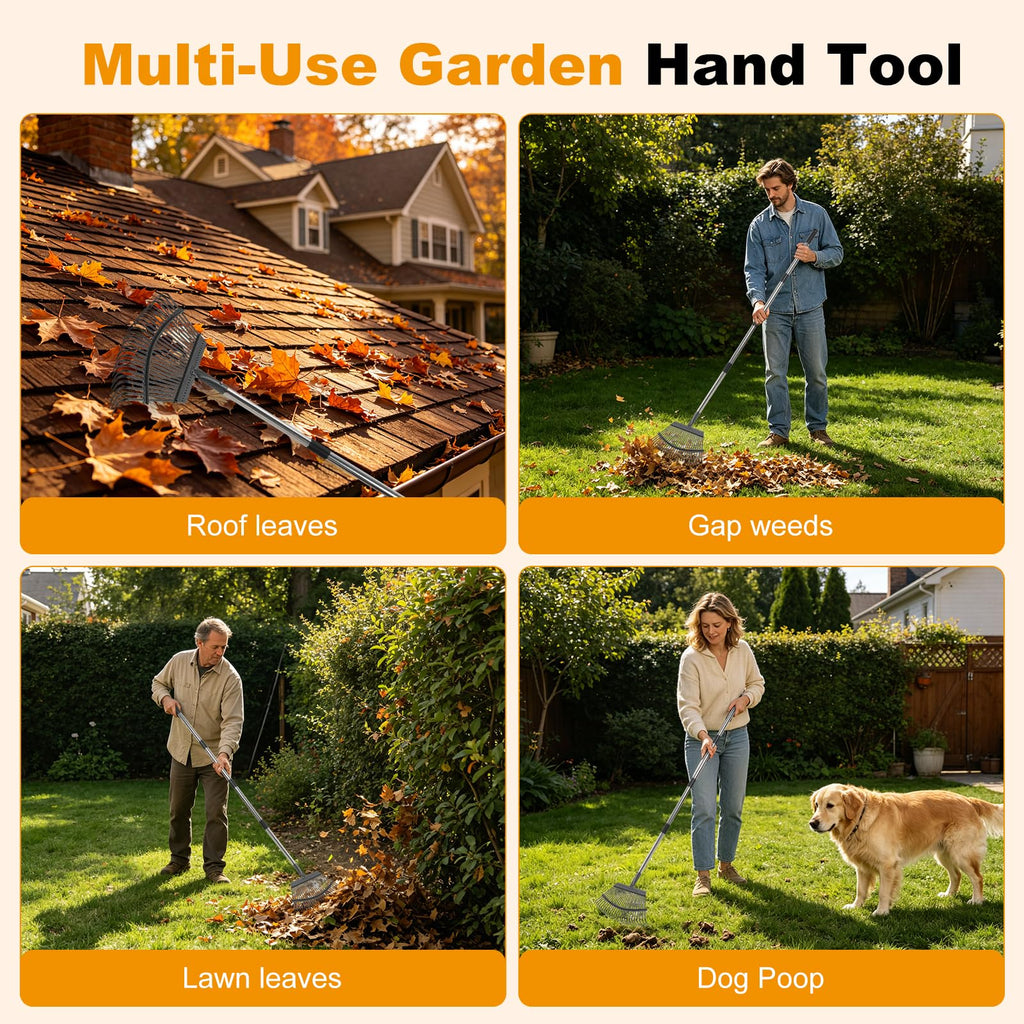 Heavy Duty Garden Rake, Metal Leaf Rake with 73 Inch Adjustable Handle and 25 Tines for Lawn, Yard, Garden Beds, Leaves, Debris and Shrubs