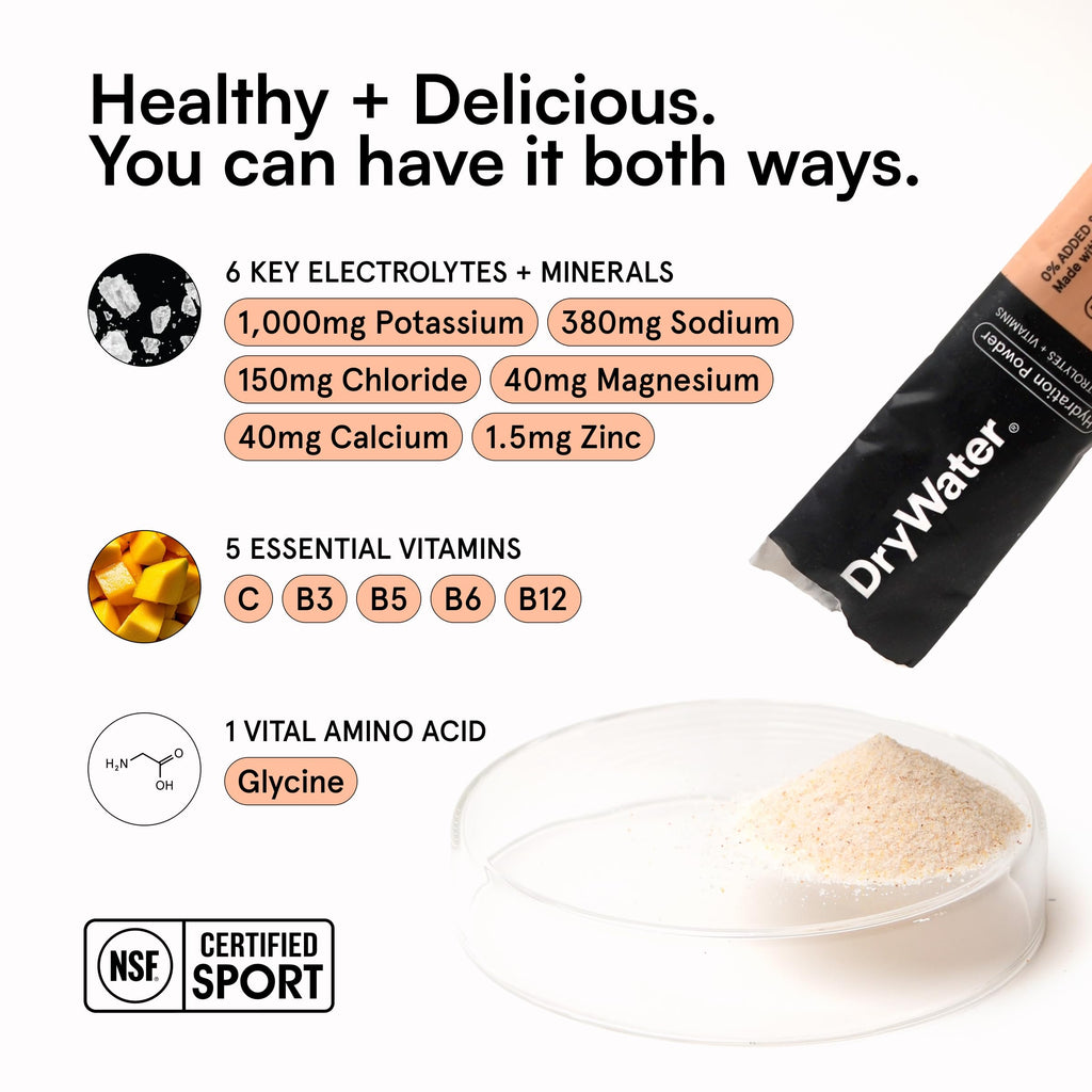 DryWater® Electrolyte + Vitamin Hydration Powder Packets – Peach Mango, 1,000mg Potassium, Real Organic Fruit, NSF Certified for Sport, Nothing Artificial, No Added Sugar (12 Stick Packs)