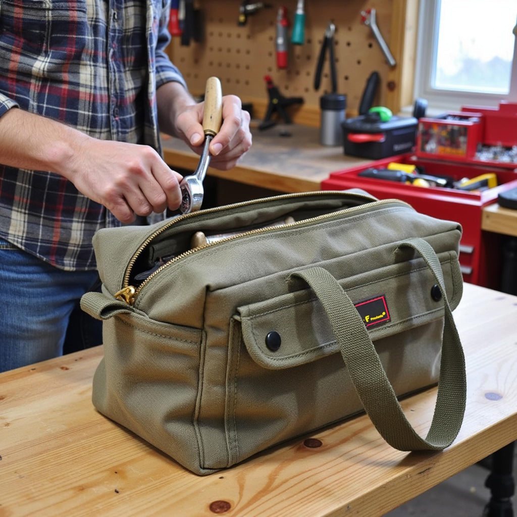 G & F PRODUCTS Waxed Canvas Military Duffle Bag, Water-Resistant, Adjustable Strap, Double Zipper, Heavy-Duty, Fully Lined, Tool Organizer, Durable Utility Bag for Contractors & Homeowners