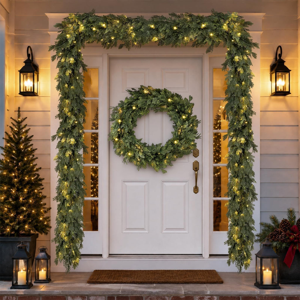 Pre-Lit Christmas Garland 9FT Decorations Real Touch Cedar Cypress Pine Greenery Artificial Green Christmas Garland with Lights for Mantle, Fireplace, Table, Stairs, Door, Indoor Outdoor Decorations