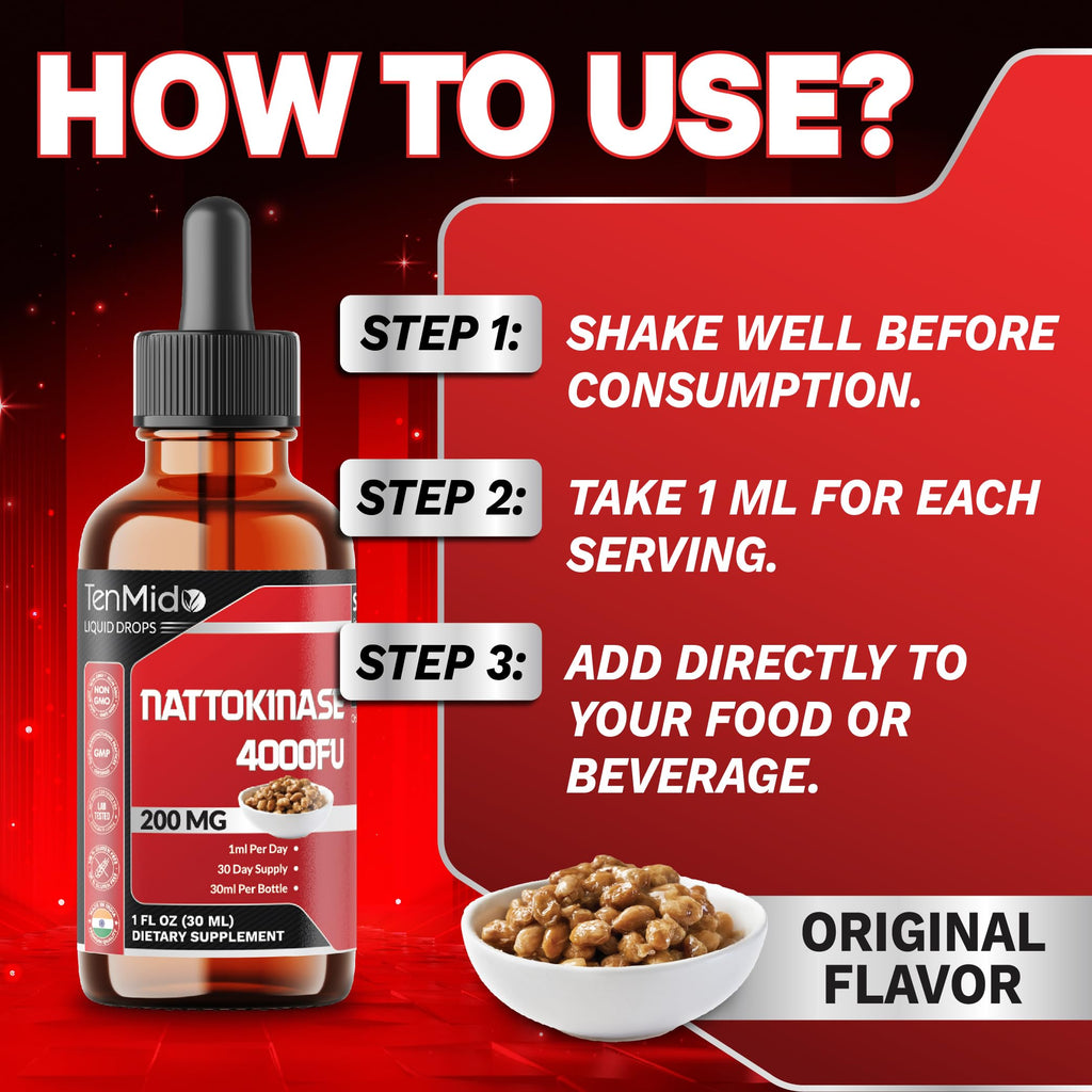 Tenmido Nattokinase Supplement Liquid Drops | Nattokinase 4000 FU | High Absorption | Alcohol-Free | Vegan, Non-GMO | 30ml 1Fl Oz