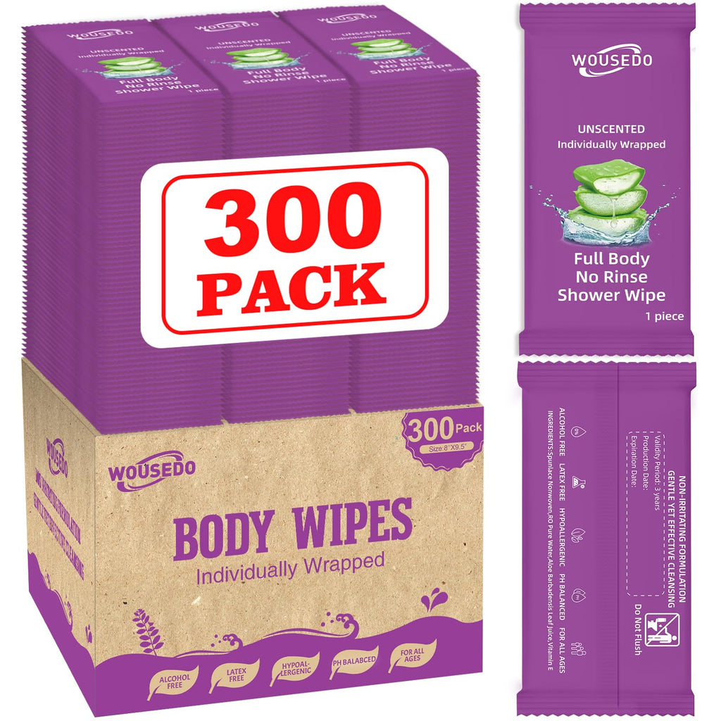 300 Pack Body Wipes Individually Wrapped(8" x 9.5"),Shower Wipes for Adults Bathing No Rinse,Personal Cleansing Wipes for Travel Gym,Bulk Deodorant for Homeless