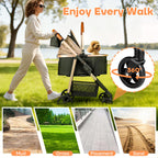 Dog Cat Stroller for Small/Medium Pets up to 50 lbs, 3-in-1 Foldable Pet Stroller with Detachable Carrier, Car Seat, Storage Basket, Cup Holder, Hanging Bag, Rain Cover, All-Terrain 4 Wheels (Khaki)