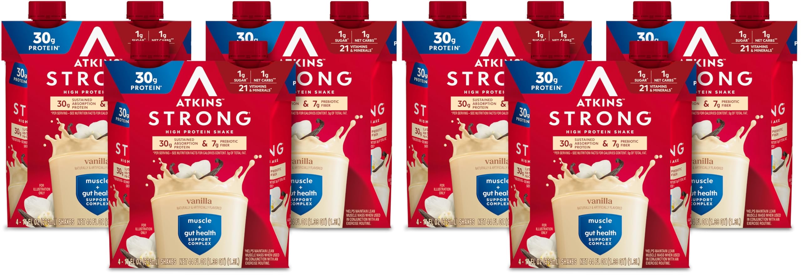 Atkins Strong High Protein Shake,Vanilla Flavored,30g Protein,Low Carb and Low Sugar Shake,Keto Friendly,Gluten Free,Muscle and Gut Health Support Complex,(Pack of 24)