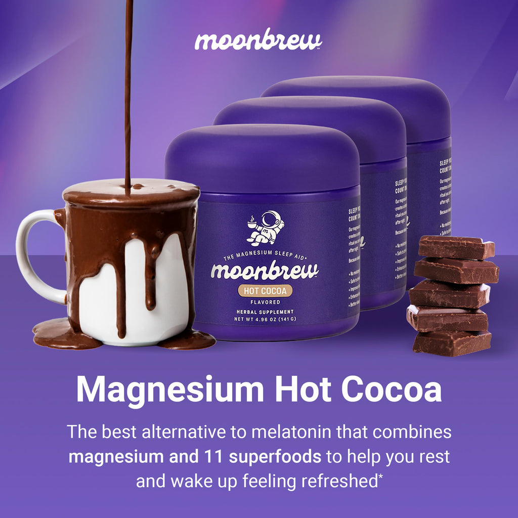 MoonBrew Nighttime Magnesium Hot Cocoa, Natural Sleep Aid Drink Mix for Adults, 3-Pack - Calming Melatonin-Free Sleep Support - Sleepy Hot Chocolate Powder with L-Theanine, Chamomile & Zinc Glycinate
