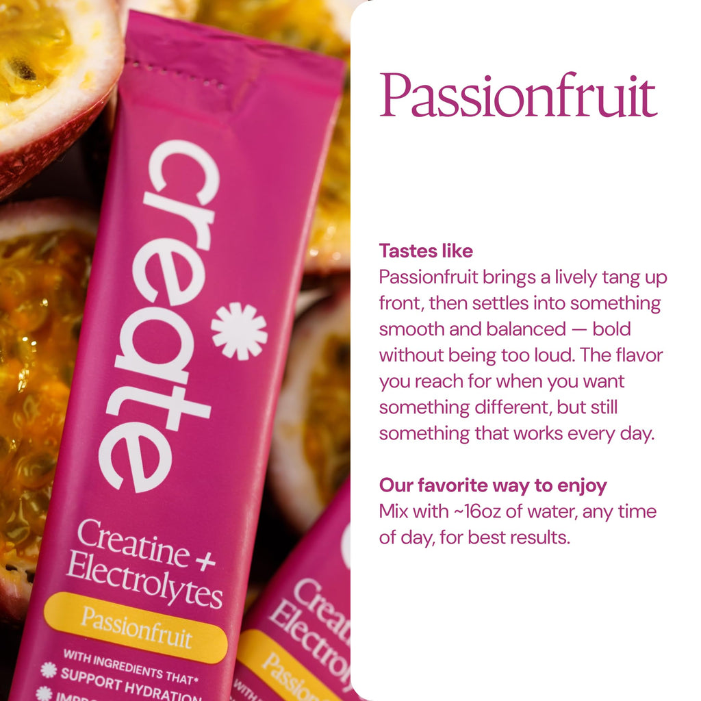 Create Creatine + Electrolytes Mix - Creatine Monohydrate Stick Packs, Supports Energy and Hydration, NSF Certified for Sport, 30 Count, Passion Fruit