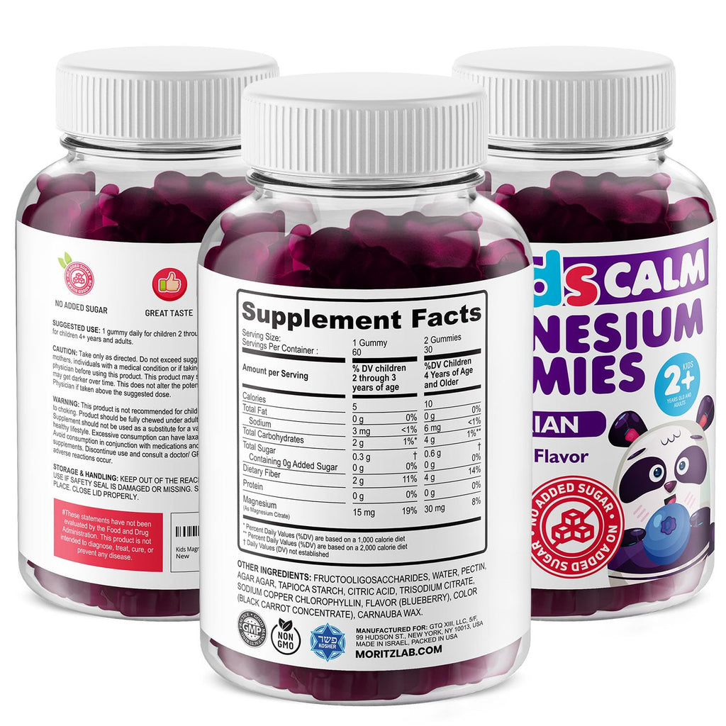 Dr. Moritz Kids Magnesium Gummies, No Sugar Added and Non-GMO Magnesium Supplement, Calm Kids Chewables with Blueberry Flavor, 60 Gummies