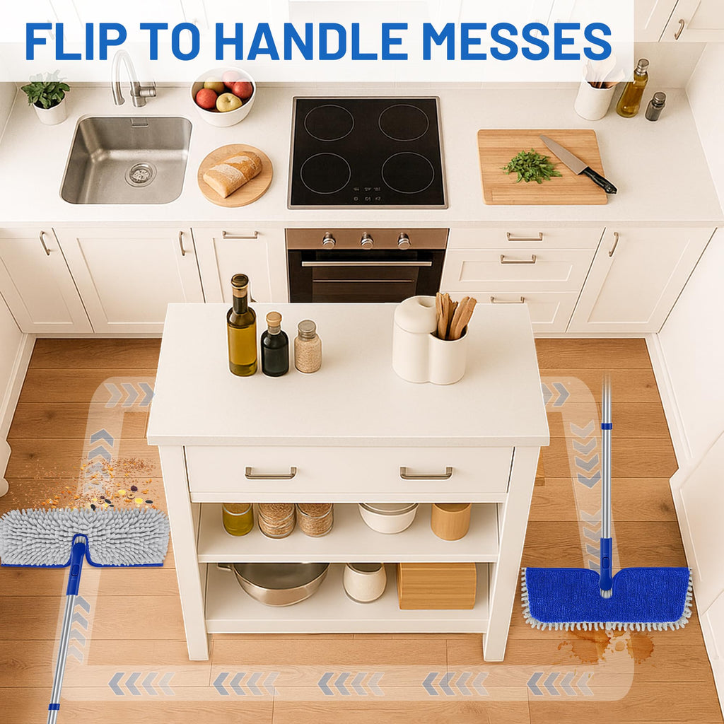 Enspoway 2-Sided Microfiber Dust Mop: Dry Flat Wall Mop for Hardwood Floors with 3 Reusable Pads Reversible Head for Apartment Kitchen Tile Laminate Pet Hair Cleaning